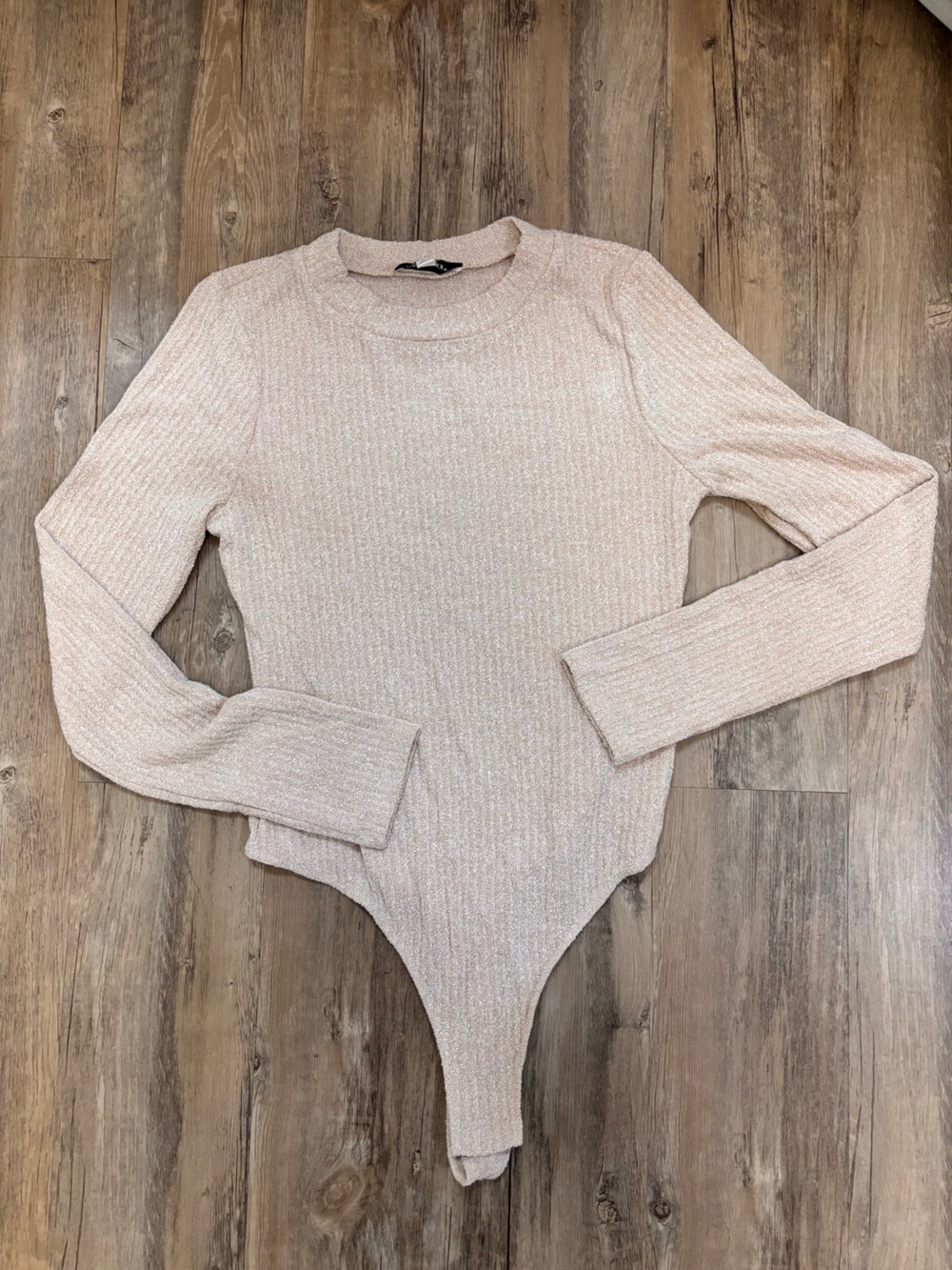 Francesca's Collections Cream Ribbed Crew Neck Bodysuit Tan 300071FR Medium